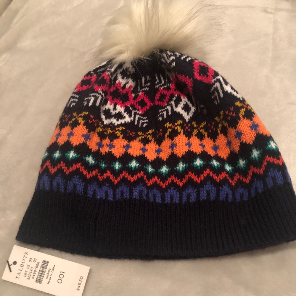 TALBOTS FAIR ISLE BEANIE WINTER  HAT, RICH MAGENTA JEWELED WINTER